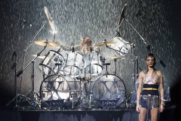Japanese rock star Yoshiki of band X-Japan presents his Yoshikikimono 2017 Spring Summer Collection at the Amazon Fashion Week Tokyo. Yoshiki played piano and drums as models paraded in his modern kimono designs. The show ended with a rain shower above the drum stand drenching Yoshiki and the models. (Photos by Michael Steinebach AFLO)  (qdm_Yoshikimono_Amazon_Fashion_Week_Tokyo_2017_SS_059)