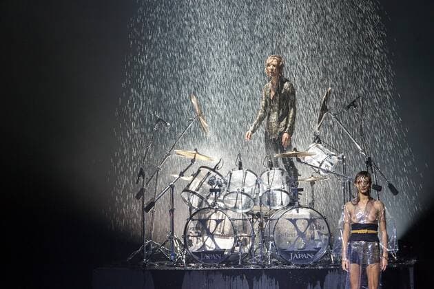 Japanese rock star Yoshiki of band X-Japan presents his Yoshikikimono 2017 Spring Summer Collection at the Amazon Fashion Week Tokyo. Yoshiki played piano and drums as models paraded in his modern kimono designs. The show ended with a rain shower above the drum stand drenching Yoshiki and the models. (Photos by Michael Steinebach AFLO)  (qdm_Yoshikimono_Amazon_Fashion_Week_Tokyo_2017_SS_061)