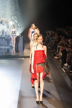 Japanese rock star Yoshiki of band X-Japan presents his Yoshikikimono 2017 Spring Summer Collection at the Amazon Fashion Week Tokyo. Yoshiki played piano and drums as models paraded in his modern kimono designs. The show ended with a rain shower above the drum stand drenching Yoshiki and the models. (Photos by Michael Steinebach AFLO)  (qdm_Yoshikimono_Amazon_Fashion_Week_Tokyo_2017_SS_065)