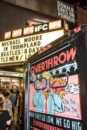 Signs against Republican presidential candidate Donald Trump are seen outside a New York theater screening the premiere of the documentary Michael Moore In TrumpLand on October 18, 2016. Filmmaker Michael Moore had finished editing the film the previous day and made a surprise last minute announcement on Twitter that he would show it for free today. The film will start playing in Los Angeles and New York tomorrow. Photo by Enrique Shore Cordon Press  ENRIQUExSHORE Anti-Trump signes outside theater screening the premiere of the