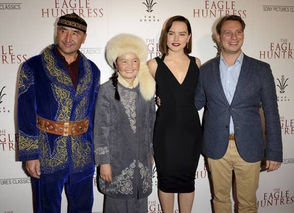 Aisholpan, father Nurgaiv, Daisy Ridley & Otto Bell THE EAGLE HUNTRESS FILM PREMIERE Los Angeles Patrick Rideaux PicturePerfect