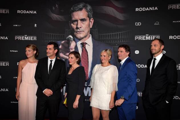 Actress Charlotte Vandermeersch, actor Koen De Bouw, actress Saskia Reeves, actress and singer Tine Reymer and television presenter and director Erik Van Looy pictured during the Belgian premiere of Erik Van Looy movie called De Premier in Antwerp kinepolis, Wednesday 19 October 2016.  DAVIDxSTOCKMAN 04961049