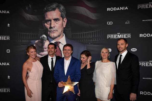 Actress Charlotte Vandermeersch, actor Koen De Bouw, actress Saskia Reeves, actress and singer Tine Reymer and television presenter and director Erik Van Looy pictured during the Belgian premiere of Erik Van Looy movie called De Premier in Antwerp kinepolis, Wednesday 19 October 2016.  DAVIDxSTOCKMAN 04961051