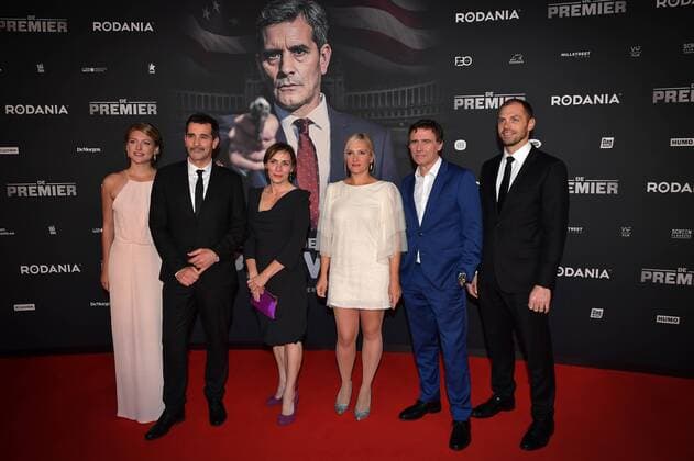 Actress Charlotte Vandermeersch, actor Koen De Bouw, actress Saskia Reeves, actress and singer Tine Reymer and television presenter and director Erik Van Looy pictured during the Belgian premiere of Erik Van Looy movie called De Premier in Antwerp kinepolis, Wednesday 19 October 2016.  DAVIDxSTOCKMAN 04961050