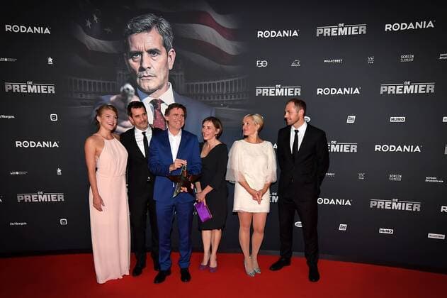 Actress Charlotte Vandermeersch, actor Koen De Bouw, actress Saskia Reeves, actress and singer Tine Reymer, television presenter and director Erik Van Looy and Actor Nathan Wiley pictured ahead of the Belgian premiere of Erik Van Looy movie called De Premier in Antwerp kinepolis, Wednesday 19 October 2016.  DAVIDxSTOCKMAN 04961067