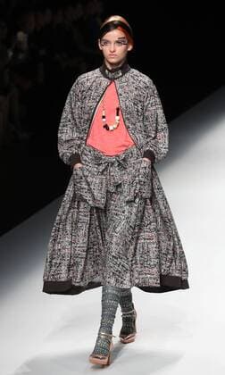 October 21, 2016, Tokyo, Japan - A model displays a creation of Japanese designer Yuma Koshino at her 2017 spring summer collection in Tokyo as a part of Japan Fashion Week on Friday, October 21, 2016.  (lwxa005647)