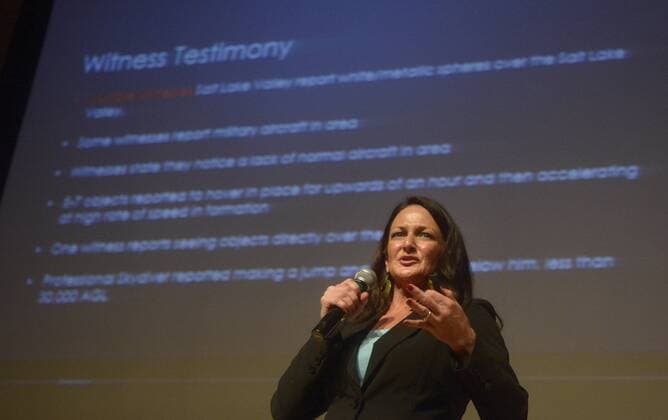 October 22, 2016 - U.S. - ASEC -- Erica Lukes of Salt Lake City, Utah, talks at the 2016 New Mexico UFO Conference at Cleveland High School on Saturday, October 22, 2016. Lukes is a UFO researcher who hosts a regular radio show UFO Classified on KCOR digital radio and is the former Mutual UFO Network state director in Utah. U.S. - ZUMAab1_ 20161022_zaf_ab1_009