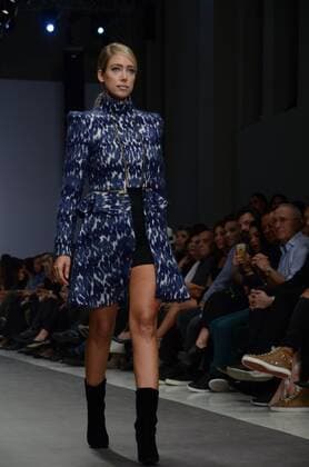 Greece: Second day of 10th AXDW in Athens A model wears a creation of Tassos Mitropoulos fashion designer. Second day of the 10th Athens Xclusive Designers Week fashion event in Athens with many Greek fashion designers showcasing their creations.  GeorgexPanagakis