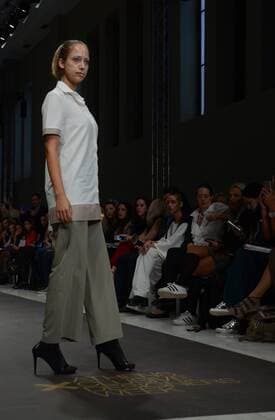Greece: Second day of 10th AXDW in Athens A model wears a creation of Dimitrios Ordoulidis fashion designer. Second day of the 10th Athens Xclusive Designers Week fashion event in Athens with many Greek fashion designers showcasing their creations.  GeorgexPanagakis