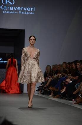 Greece: Second day of 10th AXDW in Athens A model wears a creation of Olga Karaververi fashion designer. Second day of the 10th Athens Xclusive Designers Week fashion event in Athens with many Greek fashion designers showcasing their creations.  GeorgexPanagakis