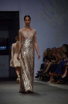 Greece: Second day of 10th AXDW in Athens A model wears a creation of Olga Karaververi fashion designer. Second day of the 10th Athens Xclusive Designers Week fashion event in Athens with many Greek fashion designers showcasing their creations.  GeorgexPanagakis
