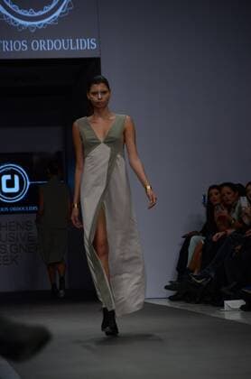 Greece: Second day of 10th AXDW in Athens A model wears a creation of Dimitrios Ordoulidis fashion designer. Second day of the 10th Athens Xclusive Designers Week fashion event in Athens with many Greek fashion designers showcasing their creations.  GeorgexPanagakis