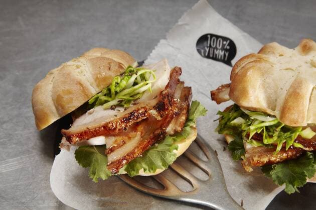 German style burger with pork roast, sweetheart cabbage and mustard sauce  SCF00468