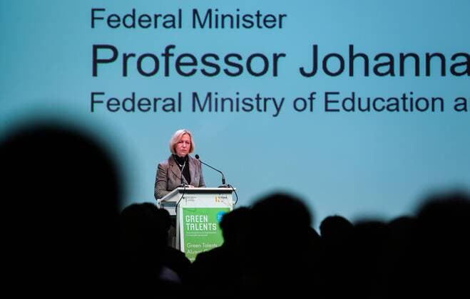 German Minister of Education and Research Johanna Wanka addresses the alumni conference of the Green Talents in Berlin Oct. 27, 2016. The German Ministry of Education and Research on Thursday awarded 25 international young scientists, two of them from China, Green Talents prizes for their innovative ideas to promote sustainable development. ) (cyc) GERMANY-BERLIN-SCIENCE-AWARDS-GREEN TALENTS ShanxYuqi 