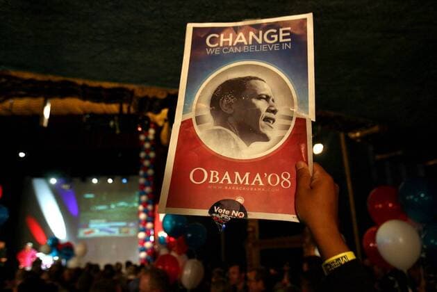 A Barack Obama sign is held during the No On 8 party at the Music Box at Henry Fonda in Hollywood, Ca November 4, 2008.(Andy Holzman Staff Photographer)  - ZUMA5AH DN05-ELECTION5AH