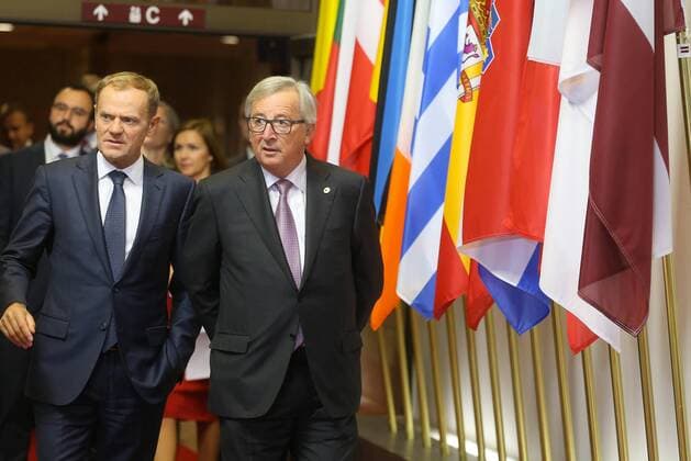 European Council President Donald Tusk and European Commission President Jean-Claude Juncker pictured during the EU-Canada summit meeting, Sunday 30 October 2016, at the European Union headquarters in Brussels. EU leaders and Canada will sign at Today s summit the Comprehensive Economic and Trade Agreement (CETA). The signing of the treaty was delayed by the refusal of the Belgian Walloon and Brussels Region.  NICOLASxMAETERLINCK 04969049