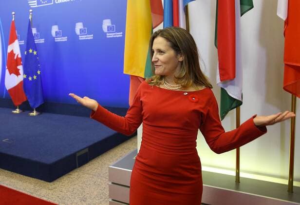 Canadian Minister of International Trade Chrystia Freeland arrives for the EU-Canada summit meeting, Sunday 30 October 2016, at the European Union headquarters in Brussels. EU leaders and Canada will sign at Today s summit the Comprehensive Economic and Trade Agreement (CETA). The signing of the treaty was delayed by the refusal of the Belgian Walloon and Brussels Region.  NICOLASxMAETERLINCK 04969056