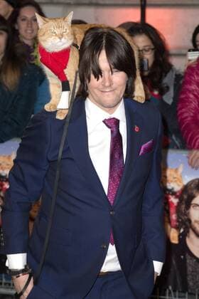 British author James Bowen and his cat, Bob attending the premiere of A Street Cat Named Bob, in London. NOVEMBER 3rd 2016  MISx163440