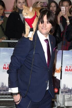 British author James Bowen and his cat, Bob attending the premiere of A Street Cat Named Bob, in London. NOVEMBER 3rd 2016  MISx163440