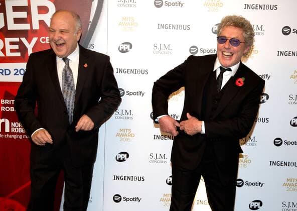 English performing arts promoter Harvey Goldsmith and English singer Roger Daltrey attending the Music Industry Trusts Award, at Grosvenor House in London. NOVEMBER 7th 2016  DFLx163483