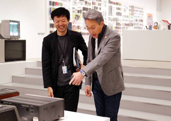 November 12, 2016, Tokyo, Japan - Japan s electronics giant Sony president Kazuo Hirai inspects the company s retrospective exhibition It s a Sony exhibition before he attends the opening ceremony at the Sony building in Ginza in Tokyo on Saturday, November 12, 2016. Sony exhibited the company s historical products at the building which was built 50 years ago as Sony will close Sony s landnark Sony building on March 31, 2017 and will open Sony park in 2018 at the place.  (lwxa006200)