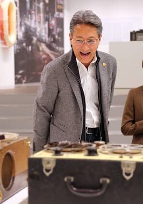 November 12, 2016, Tokyo, Japan - Japan s electronics giant Sony president Kazuo Hirai inspects the company s retrospective exhibition It s a Sony exhibition before he attends the opening ceremony at the Sony building in Ginza in Tokyo on Saturday, November 12, 2016. Sony exhibited the company s historical products at the building which was built 50 years ago as Sony will close Sony s landnark Sony building on March 31, 2017 and will open Sony park in 2018 at the place.  (lwxa006204)