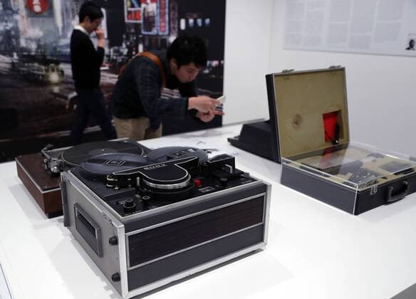 November 12, 2016, Tokyo, Japan - Japan s electronics giant Sony displays the company s open-reel tape recorders at the company s retrospective exhibition It s a Sony exhibition at the Sony building in Ginza in Tokyo on Saturday, November 12, 2016. Sony exhibited the company s historical products at the building which was built 50 years ago as Sony will close Sony s landnark Sony building on March 31, 2017 and will open Sony park in 2018 at the place.  (lwxa006210)