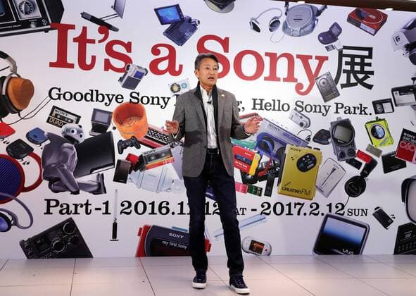 November 12, 2016, Tokyo, Japan - Japan s electronics giant Sony president Kazuo Hirai delivers an opening speech for the company s retrospective exhibition It s a Sony exhibition at the Sony building in Ginza in Tokyo on Saturday, November 12, 2016. Sony exhibited the company s historical products at the building which was built 50 years ago as Sony will close Sony s landnark Sony building on March 31, 2017 and will open Sony park in 2018 at the place.  (lwxa006226)