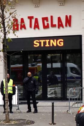 November 12, 2016 - Paris, France - French policemen and security officers stand guard at the entrance of the Bataclan concert hall in Paris on November 12, 2016, a few hours before the reopening concert by British musician Sting to mark the first anniversary of the November 13 Paris attacks. Le Bataclan, the live music venue at the centre of the 13 Nov 2015 Paris terror attacks, reopens for the first time since the tragedy with a performance by Sting on the eve of the 1st anniversary. Paris France  - ZUMAn230 20161112_zaa_n230_013