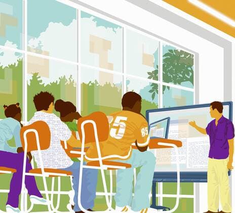 Schüler schauen auf Lehrer mit Screen in modernem Klassenzimmer  NeilxWebb 10110330