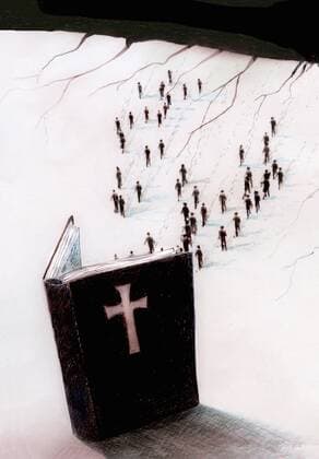 Menschenmenge geht in Richtung offener Bibel  GaryxWaters 11590020