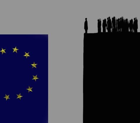 Menschen bilden eine Schlange vor einem Abgrund mit EU-Flagge auf gegenüberliegender Seite  GaryxWaters 11591113