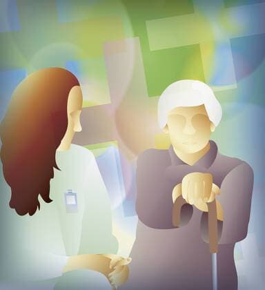 Frauen in medizinischen Berufen - Illustrationen Krankenschwester spricht mit sitzender alter Frau mit Gehstock  PascalxFossier 20520031