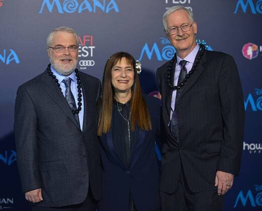 Producer Osnat Shurer (center) and co-directors Ron Clements (L) and John Musker arrive at the world premiere of Walt Disney Animation Studios Moana at Hollywood s El Capitan Theatre in Los Angeles, California on November 14, 2016. The premiere is part of the lineup for AFI FEST 2016.  LAP20161114429 CHRISTINExCHEW