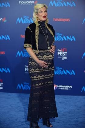 Tori Spelling shows off her baby bump as she arrives at the world premiere of Walt Disney Animation Studios Moana at Hollywood s El Capitan Theatre in Los Angeles, California on November 14, 2016. The premiere is part of the lineup for AFI FEST 2016.  LAP20161114430 CHRISTINExCHEW