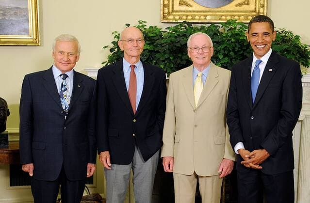 From left to right: Apollo 11 astronauts Buzz Aldrin, Michael Collins, and Neil Armstrong meet with President Barack Obama in the Oval Office at the White House in Washington, DC July 20, 2009. - ZUMAf31_ 20090721_zaf_f31_020
