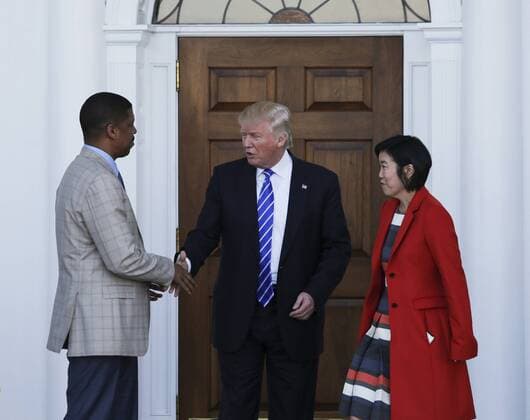 November 19, 2016 - Bedminster Township, New Jersey, United States of America - United States President-elect Donald Trump (C) greets Mayor of Sacramento, CA, Kevin Johnson (L) and former chancellor of Washington DC public schools Michelle Rhee (R), at the clubhouse of Trump International Golf Club, November 19, 2016 in Bedminster Township, New Jersey. .Credit: Pool via CNP Bedminster Township United States of America - ZUMAs152 20161119_zaa_s152_003