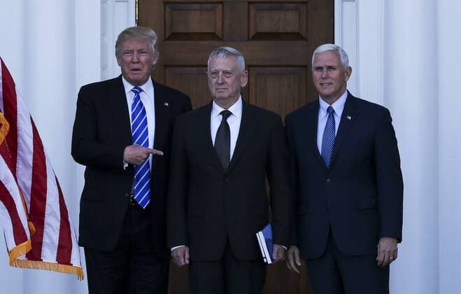 President-elect Donald Trump (L) and Vice President-elect Mike Pence (R) pose with General James Mattis (C) at the clubhouse of Trump International Golf Club, November 19, 2016 in Bedminster Township, New Jersey. Pool photo by Aude Guerrucc  TPX20161119218 AUDExGUERRUCCI