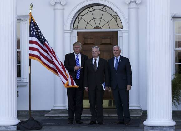 President-elect Donald Trump (L) and Vice President-elect Mike Pence (R) pose with General James Mattis (C) at the clubhouse of Trump International Golf Club, November 19, 2016 in Bedminster Township, New Jersey. Pool photo by Aude Guerrucc  TPX20161119221 AUDExGUERRUCCI