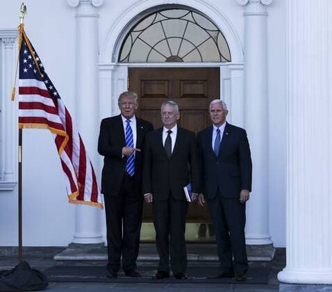 President-elect Donald Trump (L) and Vice President-elect Mike Pence (R) pose with General James Mattis (C) at the clubhouse of Trump International Golf Club, November 19, 2016 in Bedminster Township, New Jersey. Pool photo by Aude Guerrucc  TPX20161119222 AUDExGUERRUCCI