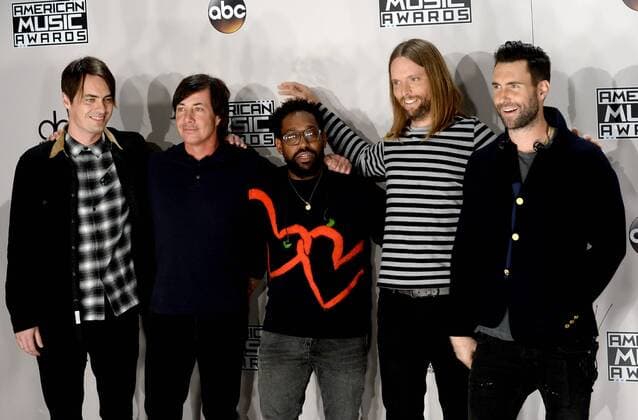 (L-R) Musicians Mickey Madden, Matt Flynn, PJ Morton, James Valentine and Adam Levine of Maroon 5 appear backstage during the 2016 American Music Awards held at Microsoft Theater in Los Angeles on November 20, 2016.  LAP20161120588 JIMxRUYMEN