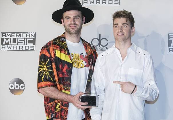 November 20, 2016 - Los Angeles, California, U.S - Alex Pall (L) and Drew Taggart of The Chainsmokers pose with the Favorite EDM Artist award in the Press Room of the 2016 American Music Awards held on Sunday, November 20, 2016 at the Microsoft Theatre in Los Angeles, California. Los Angeles U.S. - ZUMAp124 20161120_zaa_p124_248