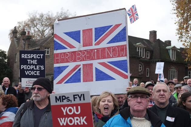 November 23, 2016 - London, England, United Kingdom - Pro-Brexit demonstrators wave Union Jack flags as they protest outside the Houses of Parliament on November 23, 2016 in London, England. British Prime Minister Theresa May has said that she will not delay triggering article 50, the formal process of leaving the European Union, but wants to avoid a cliff edge London United Kingdom  - ZUMAn230 20161123_zaa_n230_078