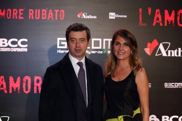 Italy: Red Carpet of film L amore Rubato Minister of Justice of the Italian Government Andrea Orlando with producer Maite Bulgari during premiere of film L amore Rubato , directed by Irish Braschi.  MatteoxNardone
