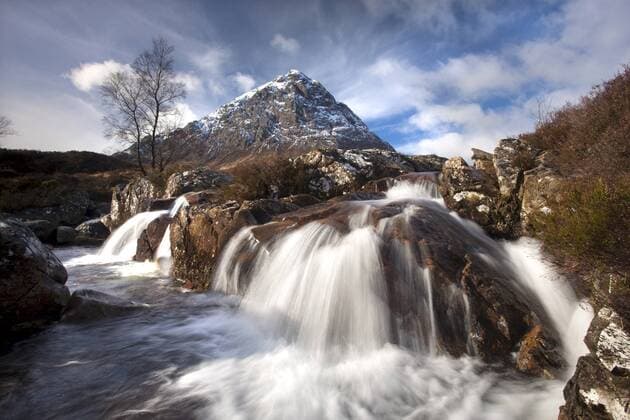 Winter view of Buachaile Etive More from the Coupall Falls on the River Coupall, Glen Etive, Highlands, Scotland, United Kingdom, Europe Copyright: LeexFrost 321-4815