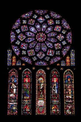 Rose window, Medieval stained glass windows in North Transept, Chartres Cathedral, UNESCO World Heritage Site, Chartres, Eure-et-Loir Region, France, Europe Copyright: NickxServian 489-1383