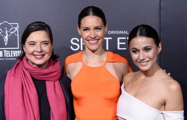 Cast members Isabella Rossellini, KaDee Strickland and Emmanuelle Chriqui (L-R) attend the premiere of Hulu s television drama series Shut Eye at the ArcLight Cinema Dome in the Hollywood section of Los Angeles on December 1, 2016. Storyline: Charlie Haverford is a scammer with a small chain of fortune-telling storefronts and contracts building tricks for a family that controls the business in the greater chunk of Los Angeles.  LAP2016120117 JIMxRUYMEN
