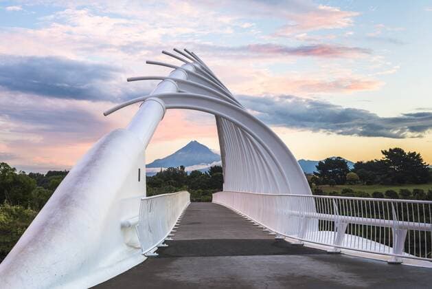 Te Rewa Rewa Bridge at sunset with Mount Taranaki (Mount Egmont) behind, Taranaki Region, North Island, New Zealand, Pacific Copyright: MatthewxWilliams-Ellis 1109-2809