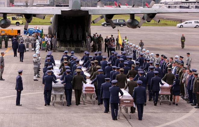 Fußball, Flugzeugabsturz Chapecoense, Überführung der Opfer A view of the coffins of the 64 Brazilian victims of the plane in which Chapecoense soccer team s players and managers travelled to Colombia in order to play the final of the Copa Sudamericana, at the military air base of Rionegro in Antioquia, Colombia, 02 December 2016. A tribute will be payed by the Colombian Air Force before the repatriation of the bodies to Brazil. EFE Mauricio Duenas Castaneda TRIBUTE TO CHAPECOENSE S VICTIMS BEFORE REPATRIATION !ACHTUNG: NUR REDAKTIONELLE NUTZUNG!  RIO001 20161202-636163149369265778