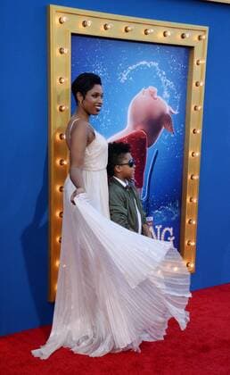 Cast member Jennifer Hudson, the voice of Young Nana Noodleman in the animated motion picture comedy Sing and her son David Daniel Otunga, Jr., attend the premiere of the film at the Microsoft Theater in Los Angeles on December 3, 2016. Storyline: A koala named Buster Moon has one final chance to restore his theater to its former glory by producing the world s greatest singing competition.  LAP2016120336 JIMxRUYMEN